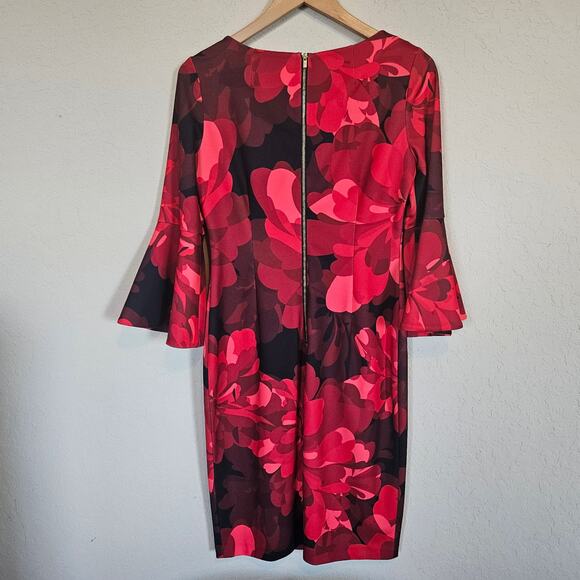 Calvin Klein Red Floral Bell Sleeve Sheath Dress Women's Size 6 Work Office Date - Picture 3 of 12